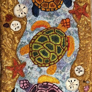 Swimming Turtles Rug Hooking Pattern on Linen