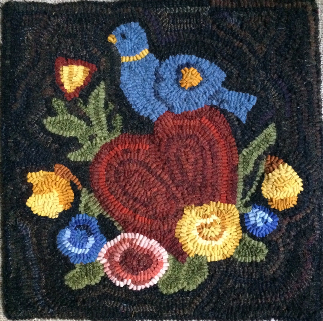 Heart Hook Rug Patterns Blue Bird Rug Hooking Pattern: Heart & Flowers, 15x15 - Etsy