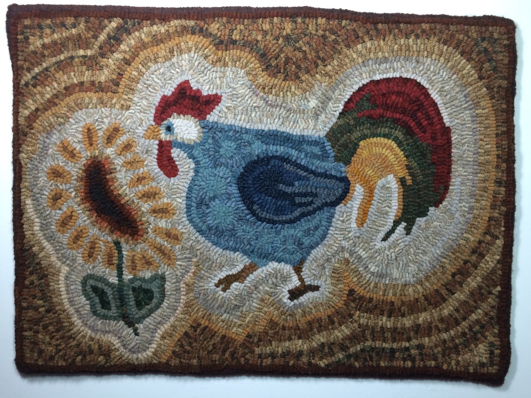 Rooster and Sunflower Rug Hooking Pattern: Hand Drawn Linen (17"x25 ...