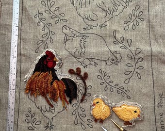 Here come the chickens, rug hooking pattern.