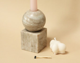 Polished Marble Candlestick Holder w. Minimal Circle/Square Design in Beige & Brown | Hand-Carved Stone