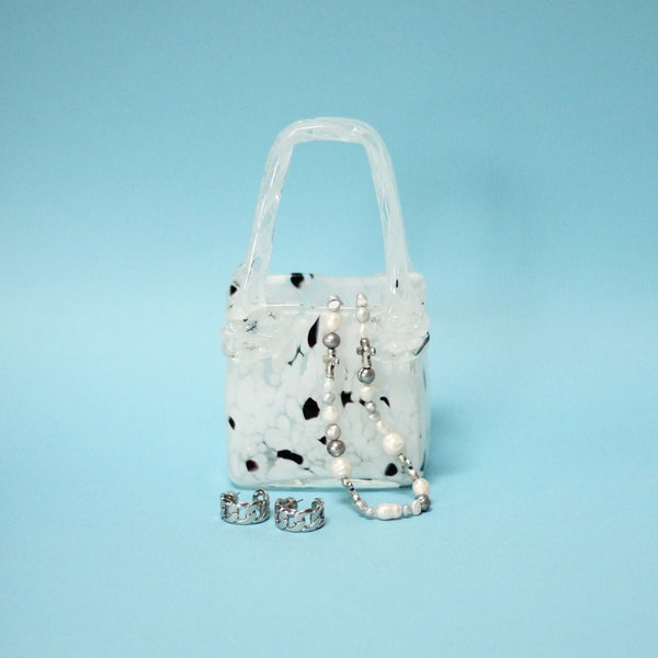 6.75" Murano-Inspired Glass Purse Vase in White w. Clear Handle & Speckled Black Detail | Italian Hand-Blown Glass