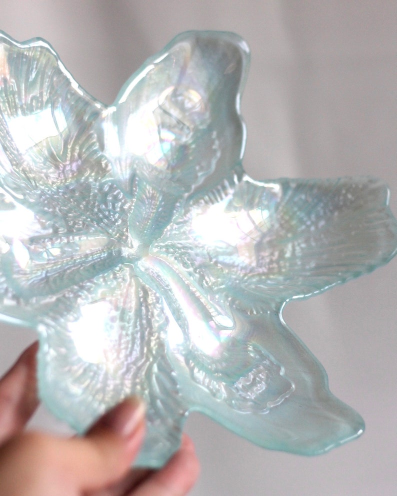 Catch-All Iridescent Glass Flower JewelryTrinket Dish in Blue