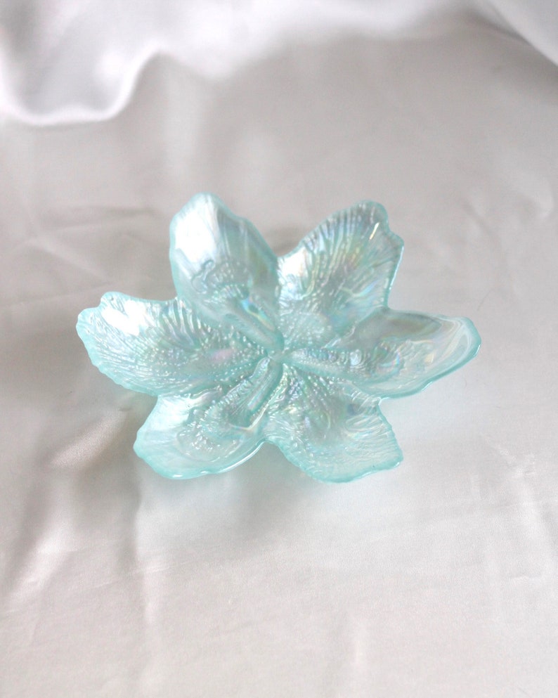 Catch-All Iridescent Glass Flower JewelryTrinket Dish in Blue