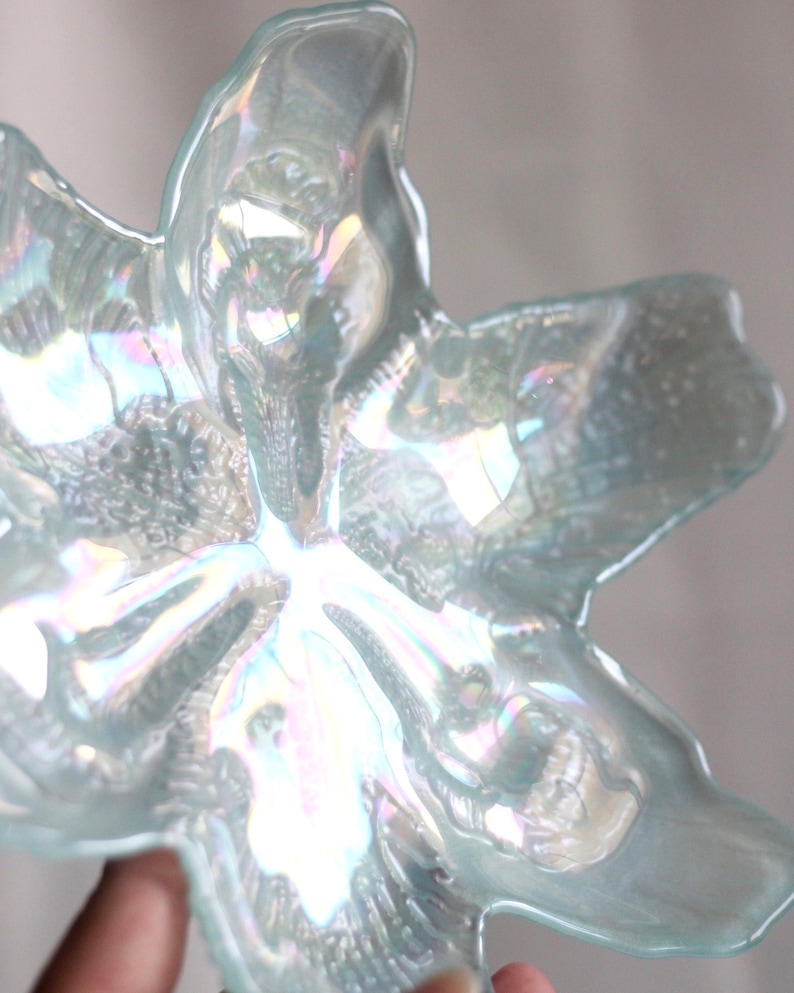 Catch-All Iridescent Glass Flower JewelryTrinket Dish in Blue