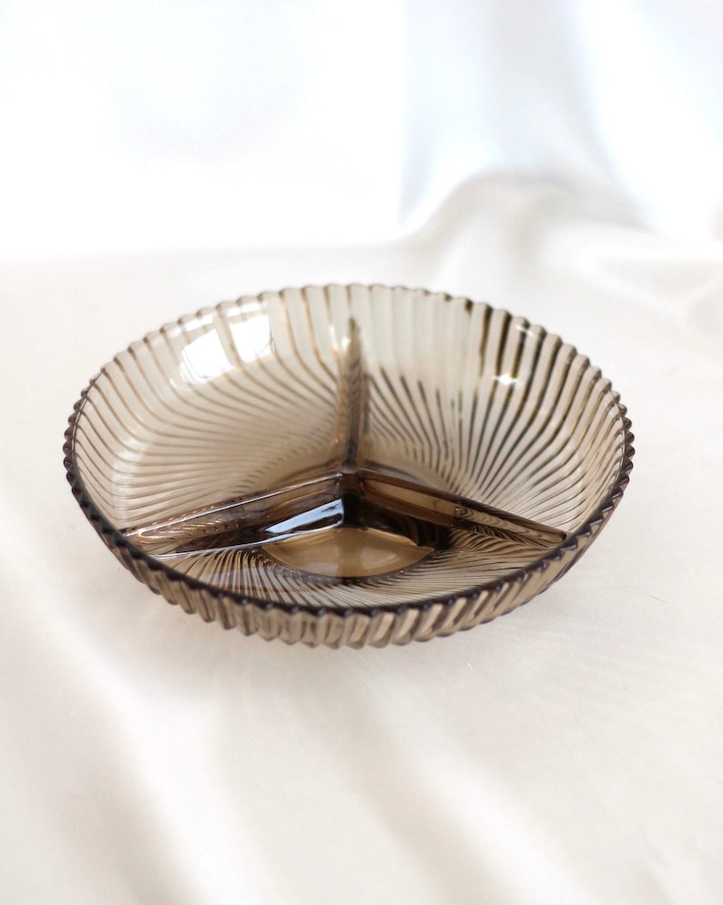 Made in France 1960s Divided Glass Dish w Pressed Radial Pattern in Smoked Brown Veropa Glassware
