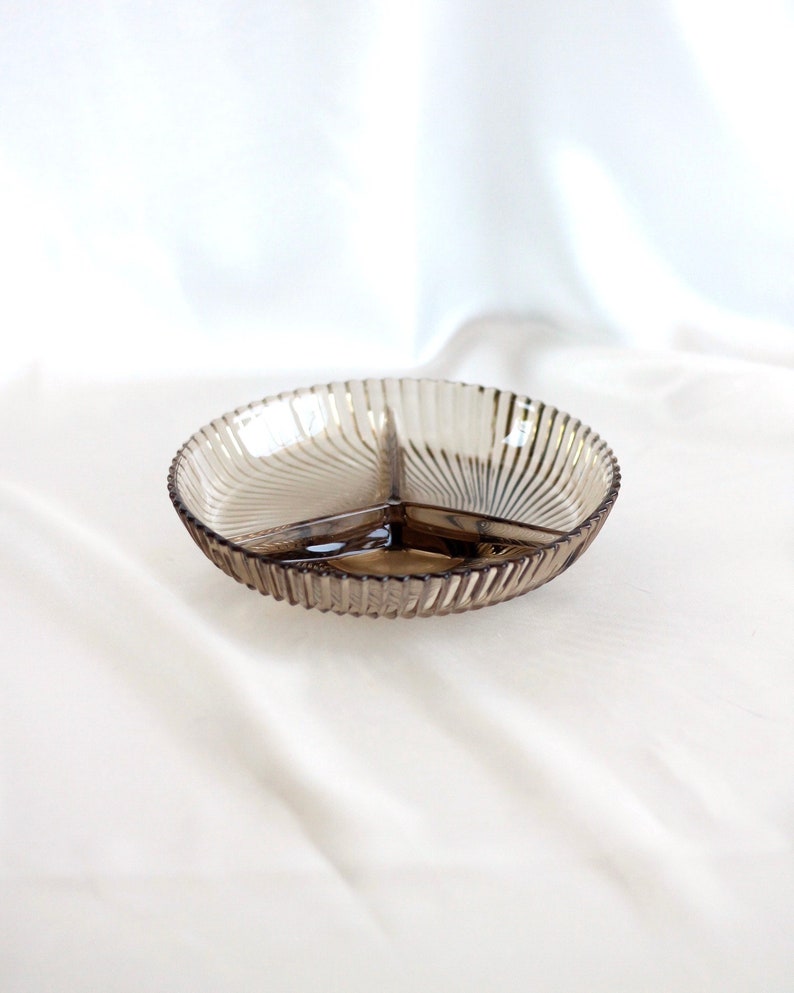 Made in France 1960s Divided Glass Dish w Pressed Radial Pattern in Smoked Brown Veropa Glassware