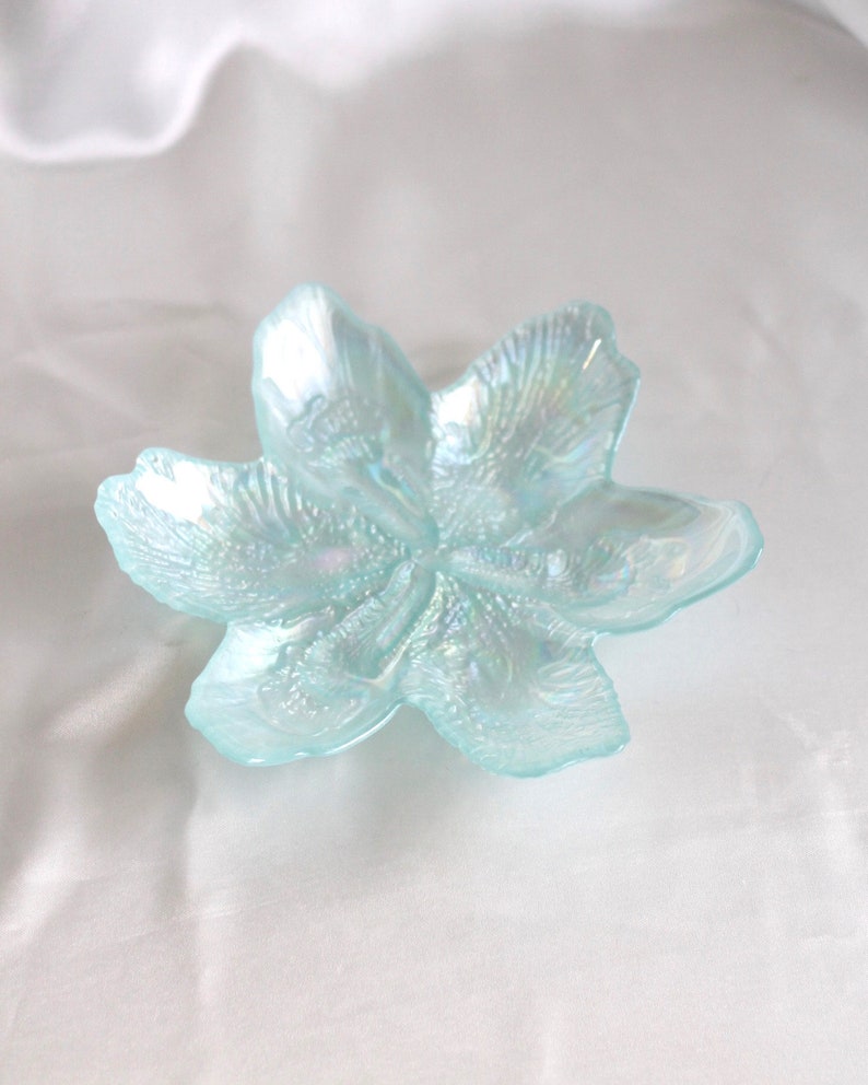 Catch-All Iridescent Glass Flower JewelryTrinket Dish in Blue