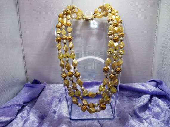 Superb 3 string gold coloured beaded vintage neck… - image 1