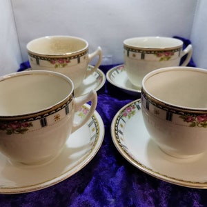 Woods Ivory Ware Burslem 8 piece tea set, 4 cups 4 saucers. Art Deco pattern.
