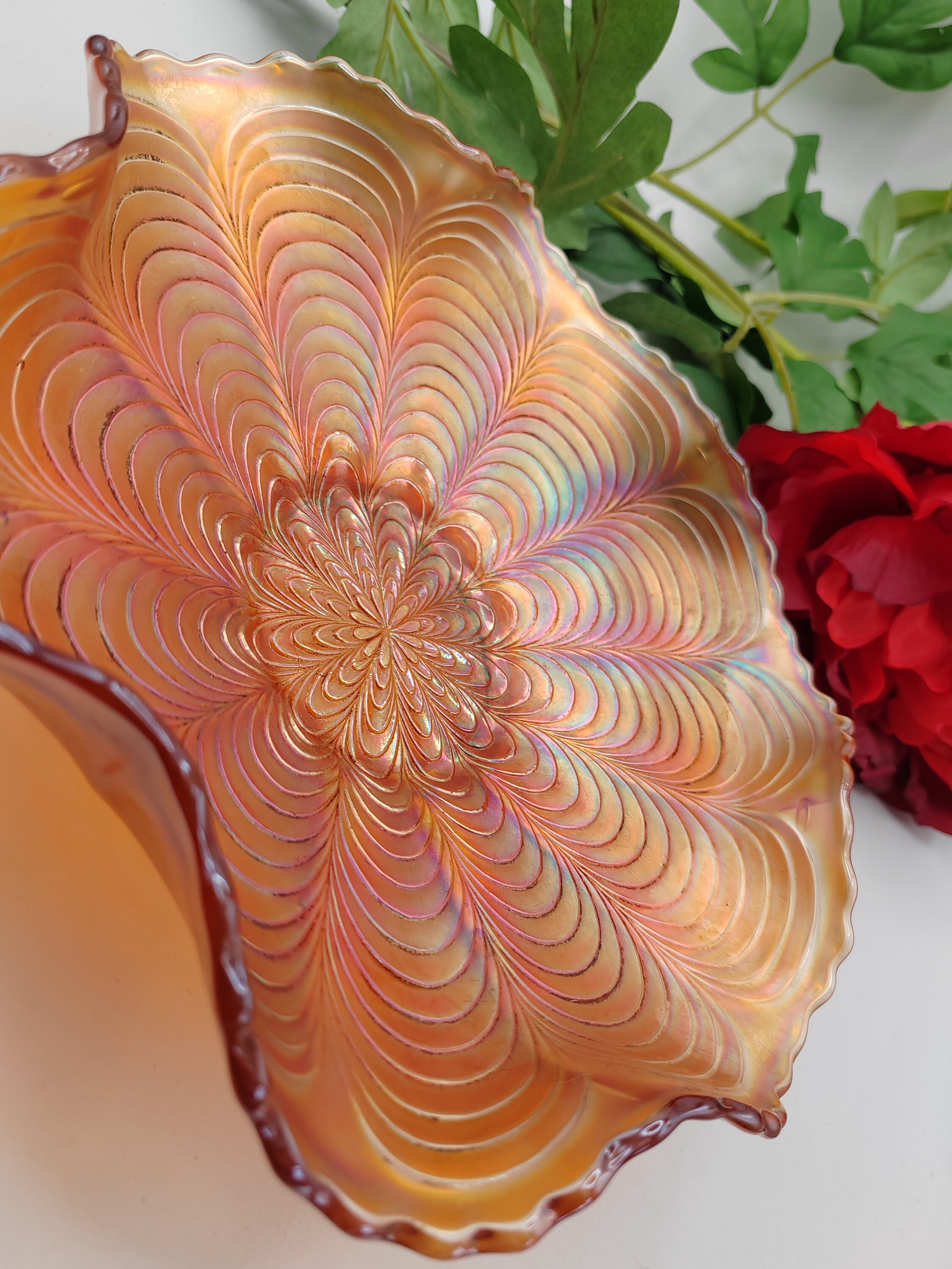 Beautiful Iridescent Carnival Glass Fluted Bowl in Peacock Pattern ...