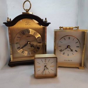 Wonderful set of three vintage brass clocks. All working order. Tempus Fugit, London Clock co., Swiza. image 2
