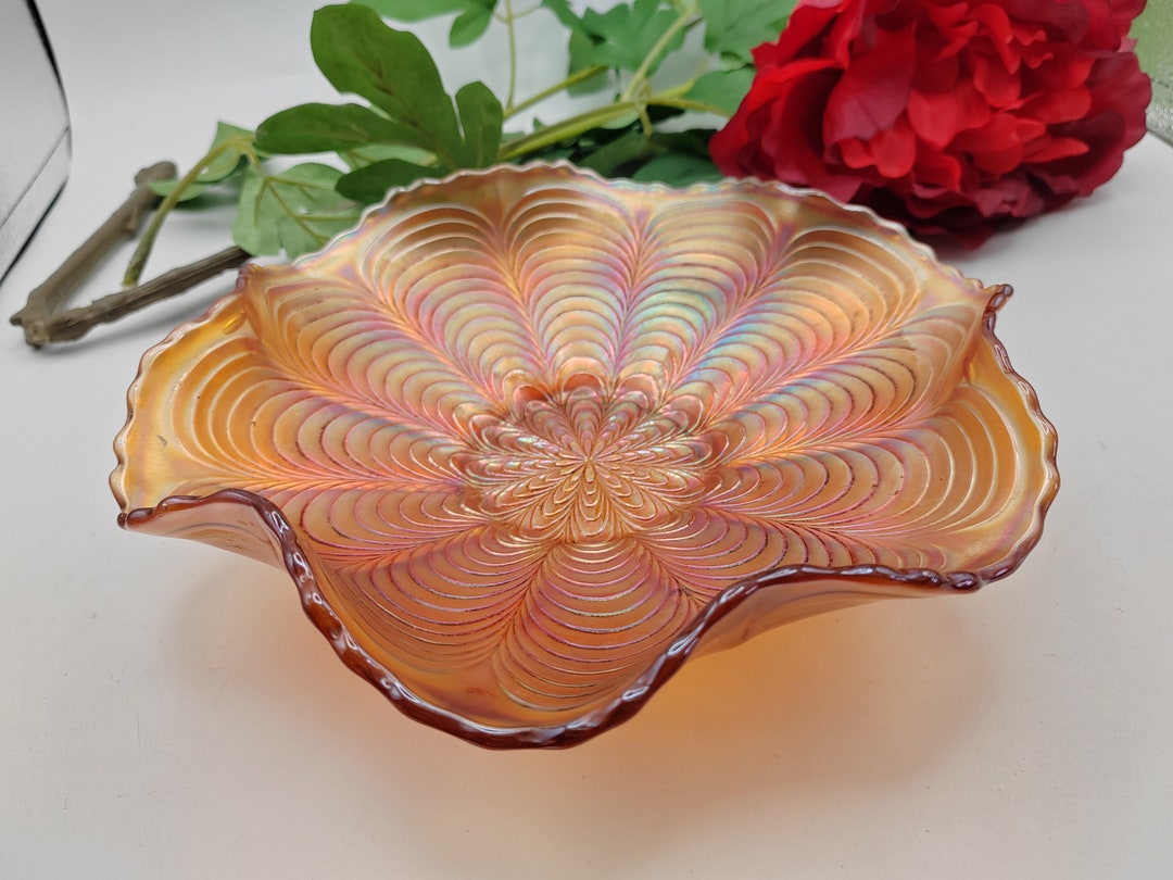 Beautiful Iridescent Carnival Glass Fluted Bowl in Peacock Pattern ...