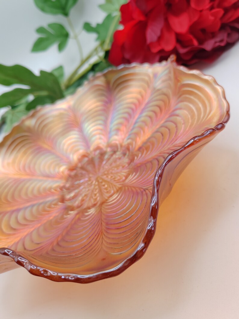 Beautiful Iridescent Carnival Glass Fluted Bowl in Peacock Pattern ...