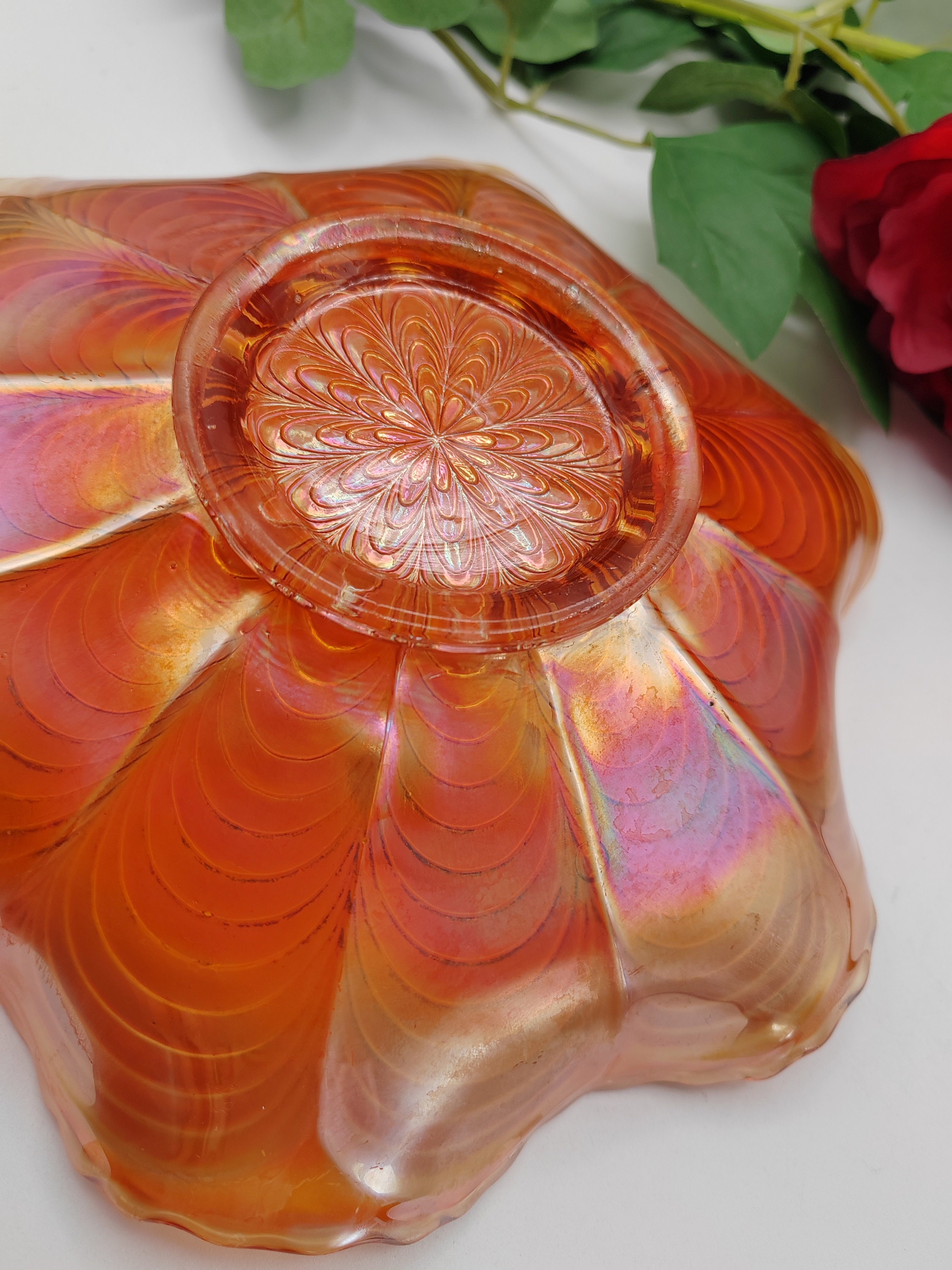 Beautiful Iridescent Carnival Glass Fluted Bowl in Peacock Pattern ...