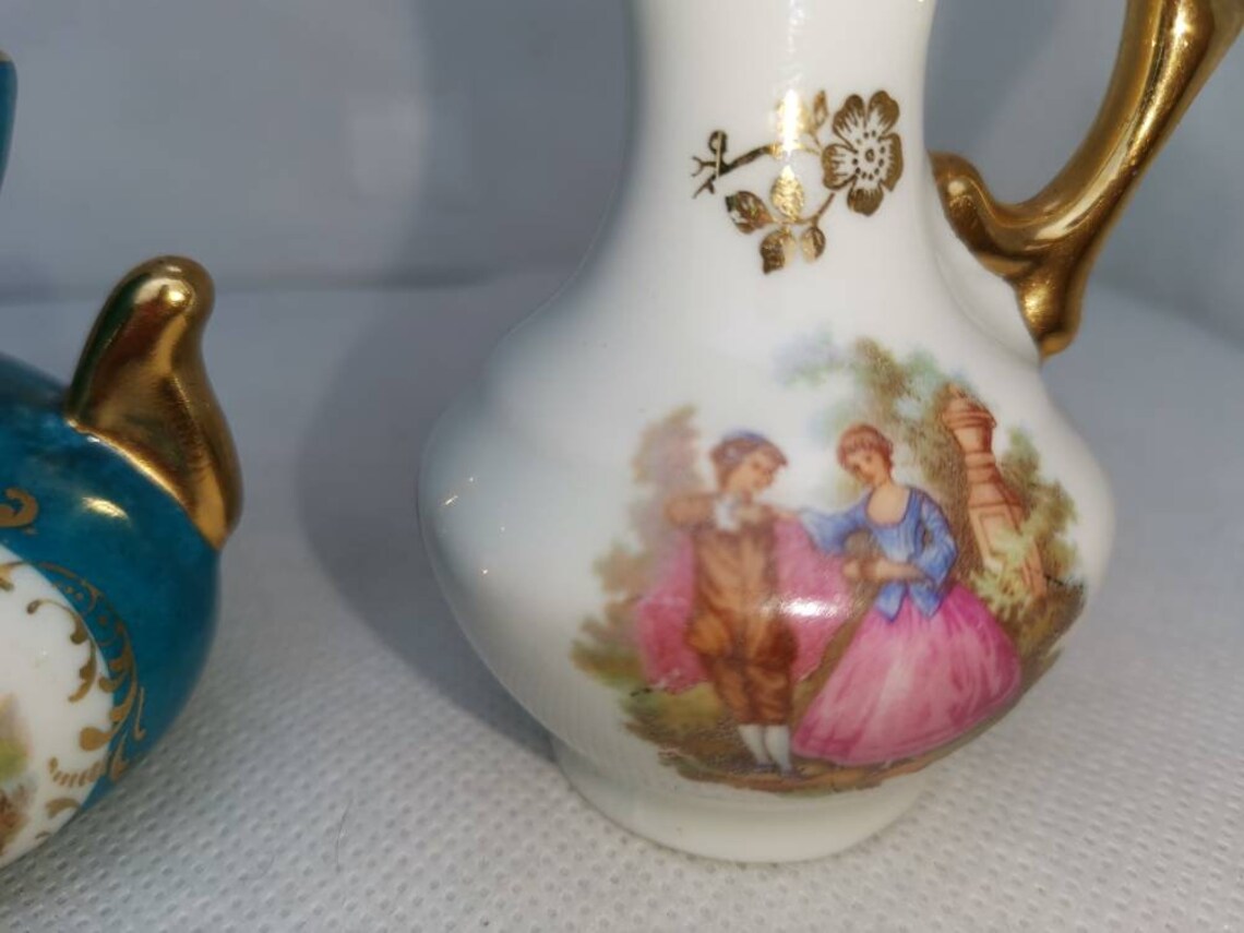 Two miniature limoge items. Jade Green urn and white jug. Etsy