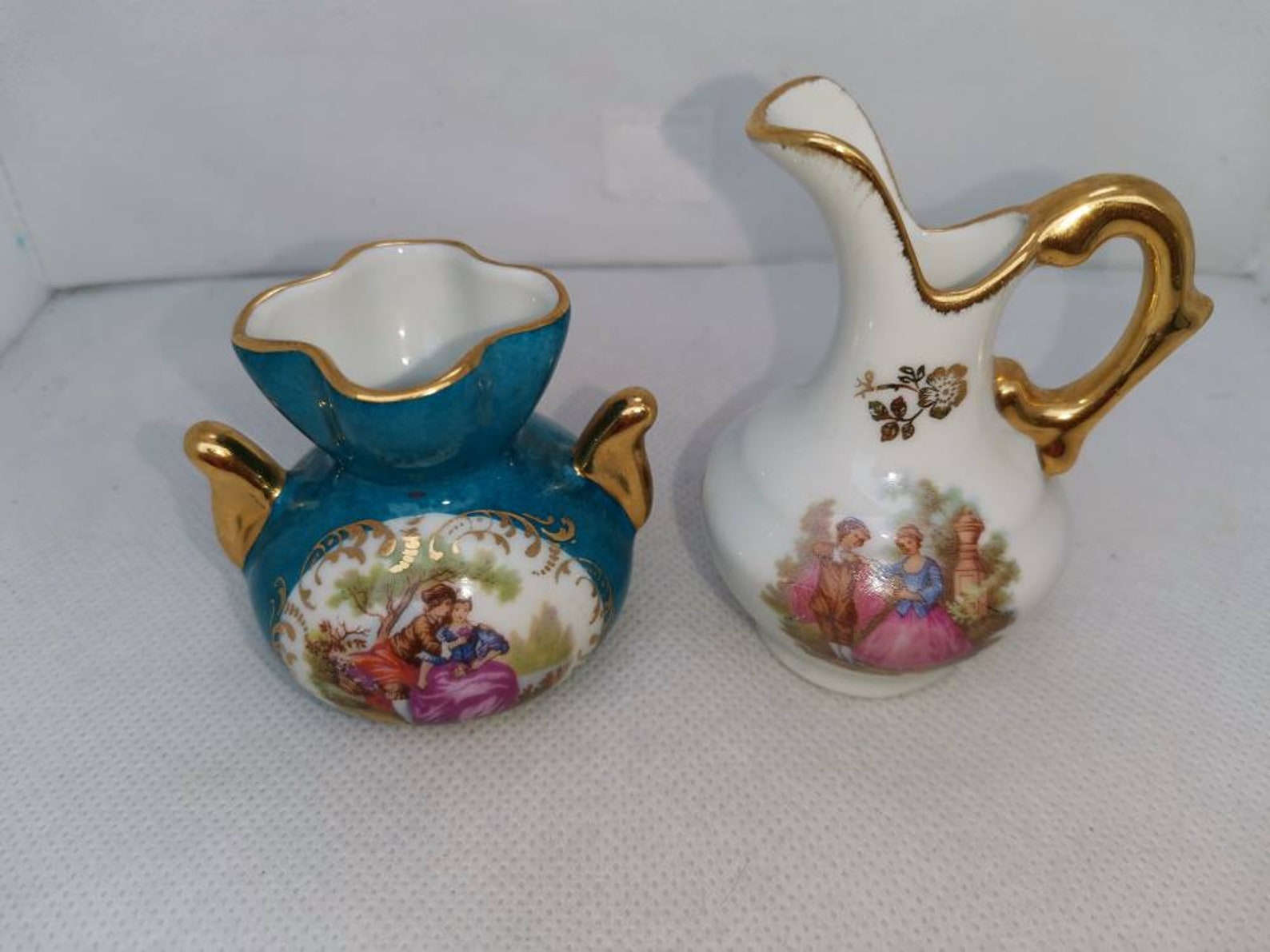 Two miniature limoge items. Jade Green urn and white jug. Etsy