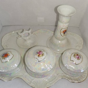Wonderful six piece lustre ware dressing table vanity set. Floral tray, pots, candlestick and ring holder. Czechoslovakia.