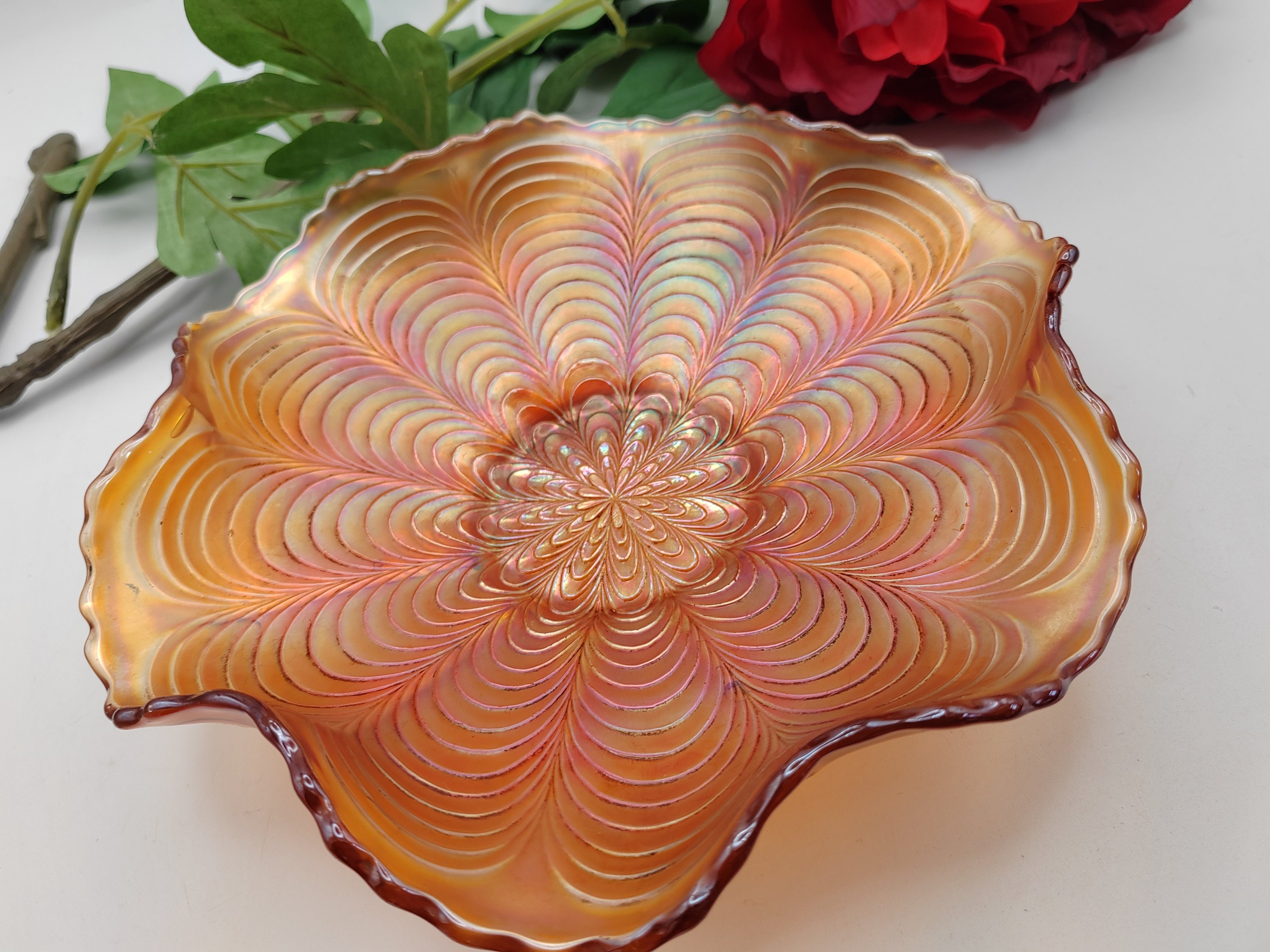Beautiful Iridescent Carnival Glass Fluted Bowl in Peacock Pattern ...