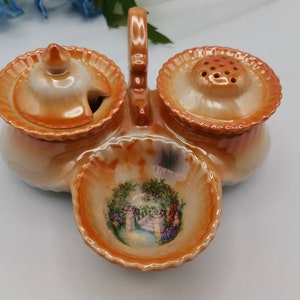 Lovely collectible cruet set in orange gold lustre finish by Victoria China, Czechoslovakia. Souvenir from Gardenstown.