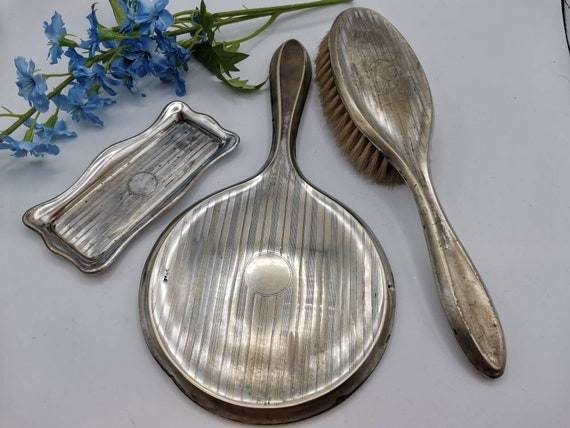 silver plated dressing table set Superb Vintage Silver Plated Vanity Dressing Table Set. Three Piece, Hand  Mirror, Hair Brush and Trinket Dish