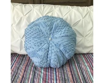 Tropical Coastal Sea Urchin Bright Blue Pillow handmade of  Vintage Chenille