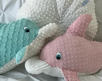 Vintage Chenille Dolphin, Stuffed Baby Dolphin, Baby Dolphin Pillow handmade in beautiful Blue or Pink Chenille