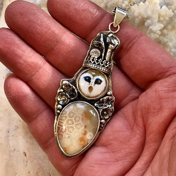 Barn Owl Necklace with Fossil Coral and Enamel, Handmade Sterling Silver with Vitreous Enamel for Women ~ Pendant