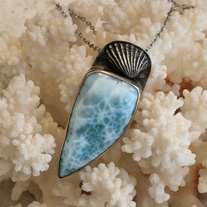 May include: A silver pendant necklace featuring a large, light blue gemstone with a unique pattern, set in a silver frame. A small seashell design is attached to the top of the pendant. The necklace is displayed on a white coral background.
