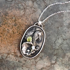 Sea Horse and Green Tourmaline Wonens Necklace ~ Sterling Silver with Cast Sea Horse