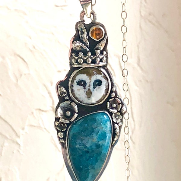 Barn Owl Necklace with Apatite and Vitreous Enamel, Handmade in Sterling Silver for Women, Talisman Pendant