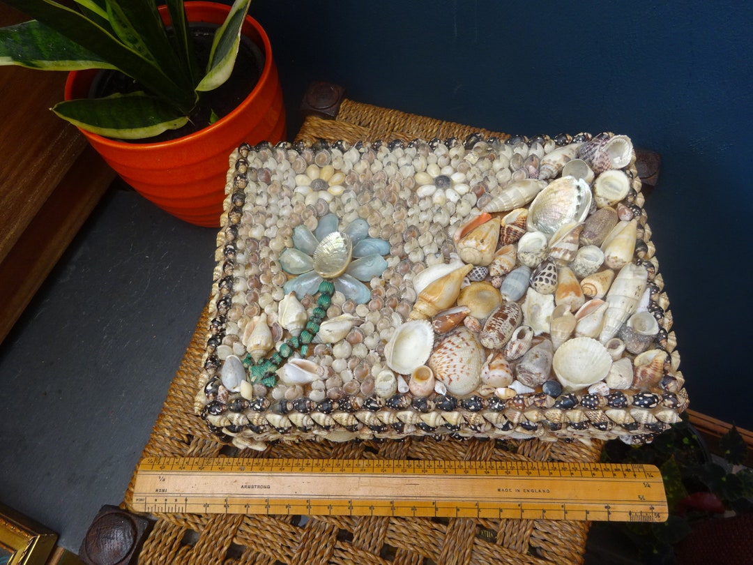Large Antique SHELL BOX 27cm, 1900s Hand Made Wood & Seashell Box With ...