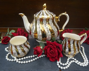 1950s Gold CHINTZ TEAPOT SET, 2 pint - Teapot, milk jug & sugar bowl - by Sadler of England - Gold chintz china - Luxury afternoon tea - Vgc