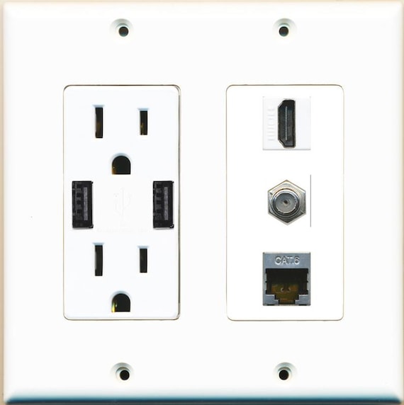 15 Amp Power Outlet 2 Port HDMI 1 Port USB A-A Decorative Wall Plate RiteAV