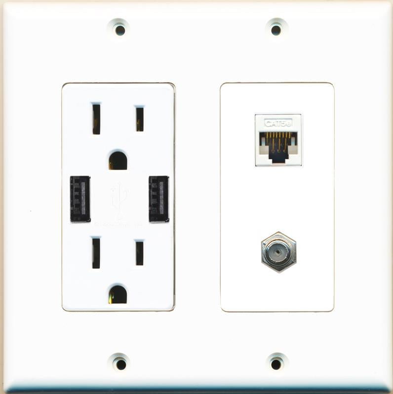 2 Gang Decorative Gray RiteAV 15 Amp Round Power Outlet Coax Cable TV Wall Plate 2 Gang Decorative Gray RiteAV 15 Amp Round Power Outlet Coax Cable TV Wall Plate