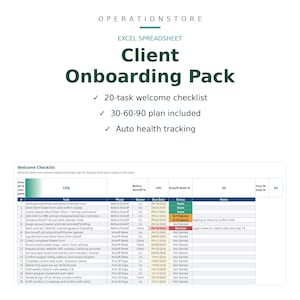 Può includere: Un pacchetto di onboarding clienti in foglio di calcolo Excel con una lista di controllo di 20 attività, un piano 30-60-90 e monitoraggio automatico dello stato. Il documento include colonne per attività, fase, proprietario, data di scadenza e note.