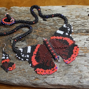 Large Red Admiral Butterfly Pendant Statement Necklace Made in Seed Beads Czech Crystal Boho Unique Insect Art Jewellery Special Gift