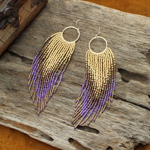 Fringe Gold Hoop Gradient Ombre Dangle Seed Bead Jewelry Earrings  Bohemian Colourful Gold to Purple Tassel Long Beautiful Gift Metallic