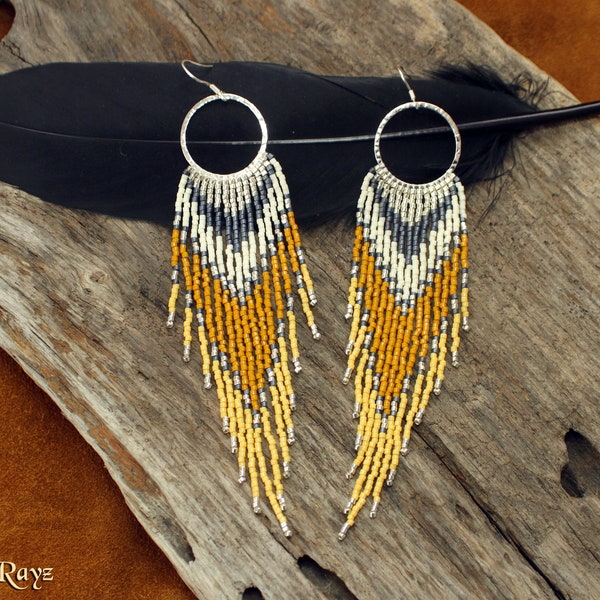 Créoles en argent à franges pendantes avec perles de rocaille pendantes, boucles d'oreilles bohème colorées, jaune moutarde, ardoise, bleu, ivoire, longues, beau cadeau