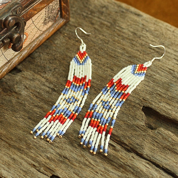 Native American Style South Western Seed Beaded Fringe Dangle Earrings North Star Boho, Indigenous, Ethnic, Jewellery Beautiful Special Gift