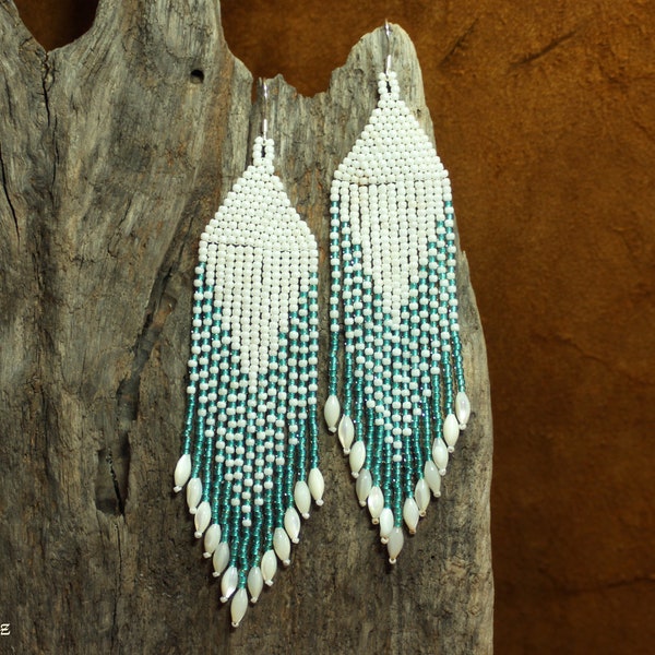 Native American Style Ivory Teal Mother of Pearl Southwest Seed Beaded Fringe Earrings Indigenous Tribal Boho Beautiful Gift For Her