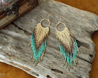 Fringe Gold Hoop Gradient Ombre Dangle Seed Bead Jewelry Earrings  Bohemian Colourful Gold to Turquoise Tassel Long Beautiful Gift