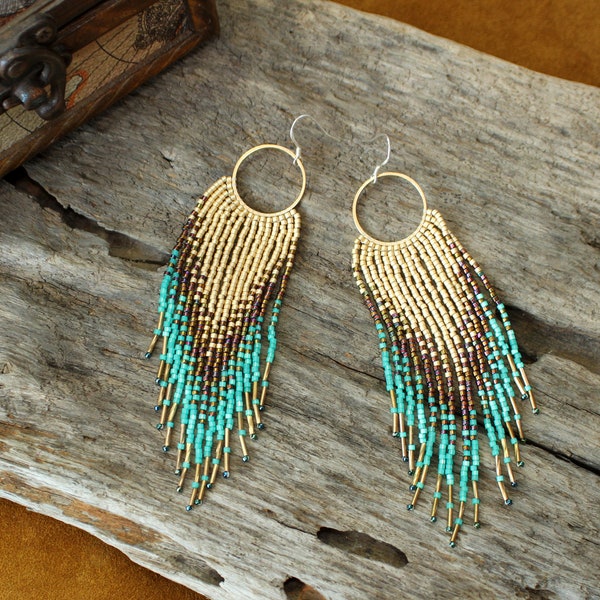 Fringe Gold Hoop Gradient Ombre Dangle Seed Bead Jewelry Earrings  Bohemian Colourful Gold to Turquoise Tassel Long Beautiful Gift