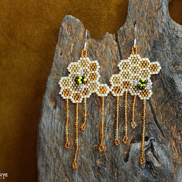 Sweet Honey Bee, Bumble Bee & Honeycomb Inspired Toho Seed Bead Fringe Earrings