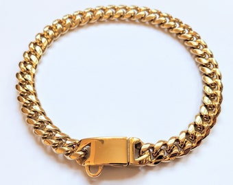 Gold Tone Stainless Steel Cuban Link Dog Chain - 14mm, 18"