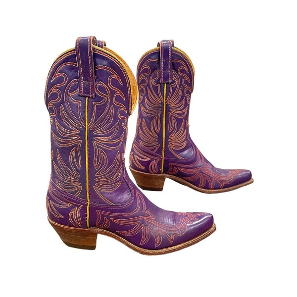 Size 7 M - 1960’s Acme Womens Cowboy Western Boots Purple Leather With Multi Color Stitching