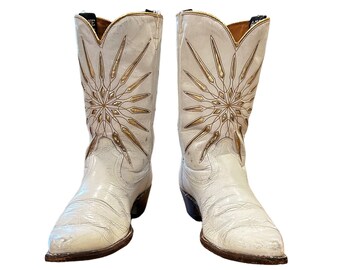 Size 6.5 M - 1960’s Acme Women’s Cowboy Western Boots White With Gold Sunburst Inlays