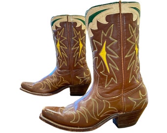 Size 6.5 M - 1950’s Tex Tan Women’s Cowboy Western Rockabilly Boots Unique Multi Color Inlay Deisgn