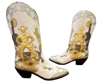 Size 7 M - Zalo Hand Made Women’s Vintage Cowboy Western Boots Unique Inlay Design