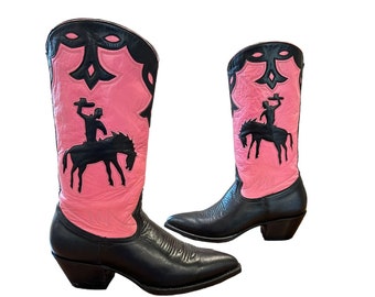 Size 9 B - Montana Women’s Vintage Cowboy Western Boots Pink With Black Bronco Inlays